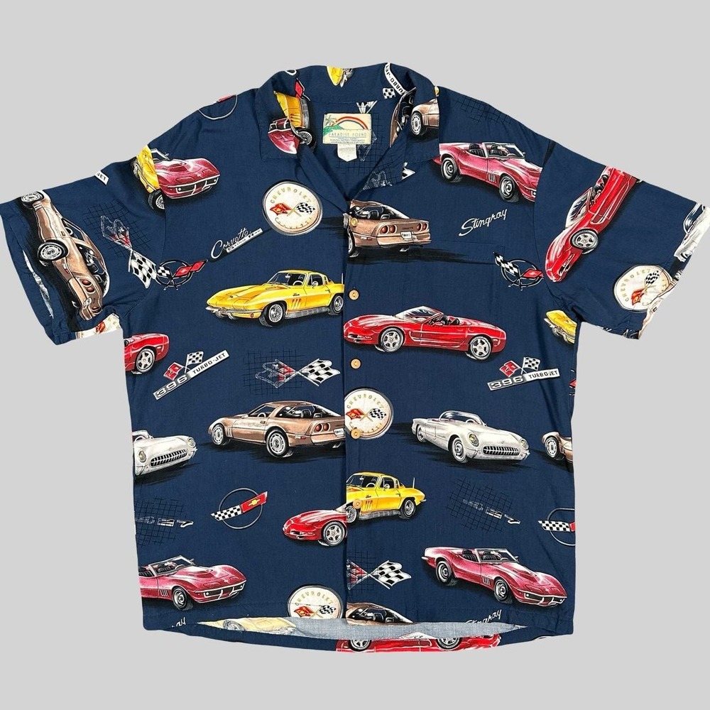 Vintage Paradise Found Corvette Hawaiian Shirt Men L GM Stingray Rayon Chevrolet